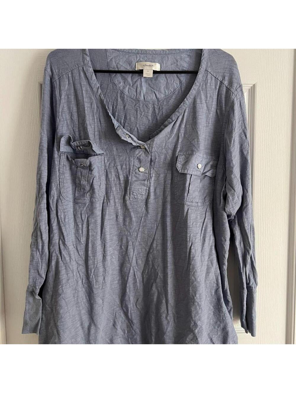CJ Banks Blue Utility Blouse Snap Front Long Sleeve Women's 3X